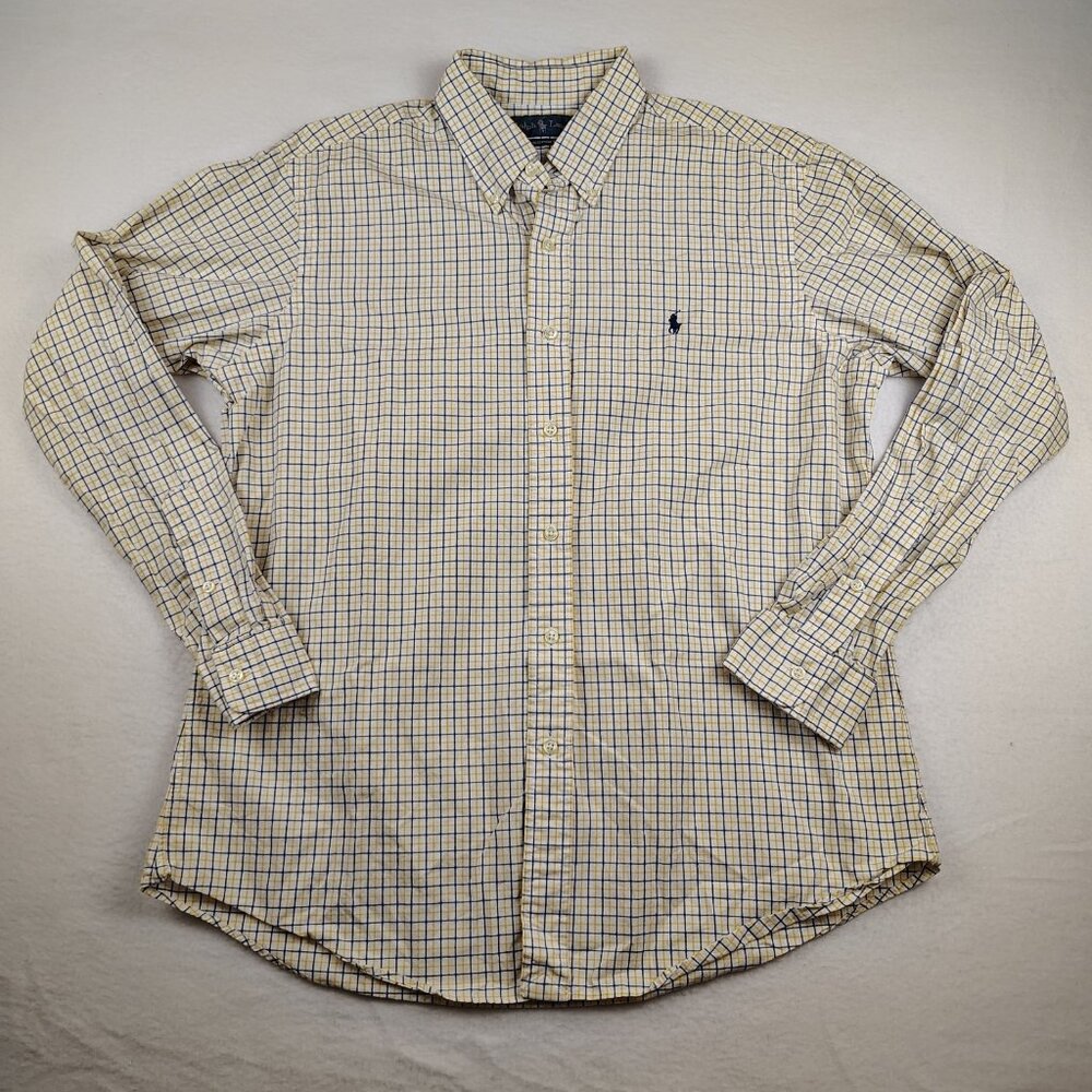 Ralph Lauren Custom Fit Blue Yellow White Tattersall Plaid Shirt Mens Large